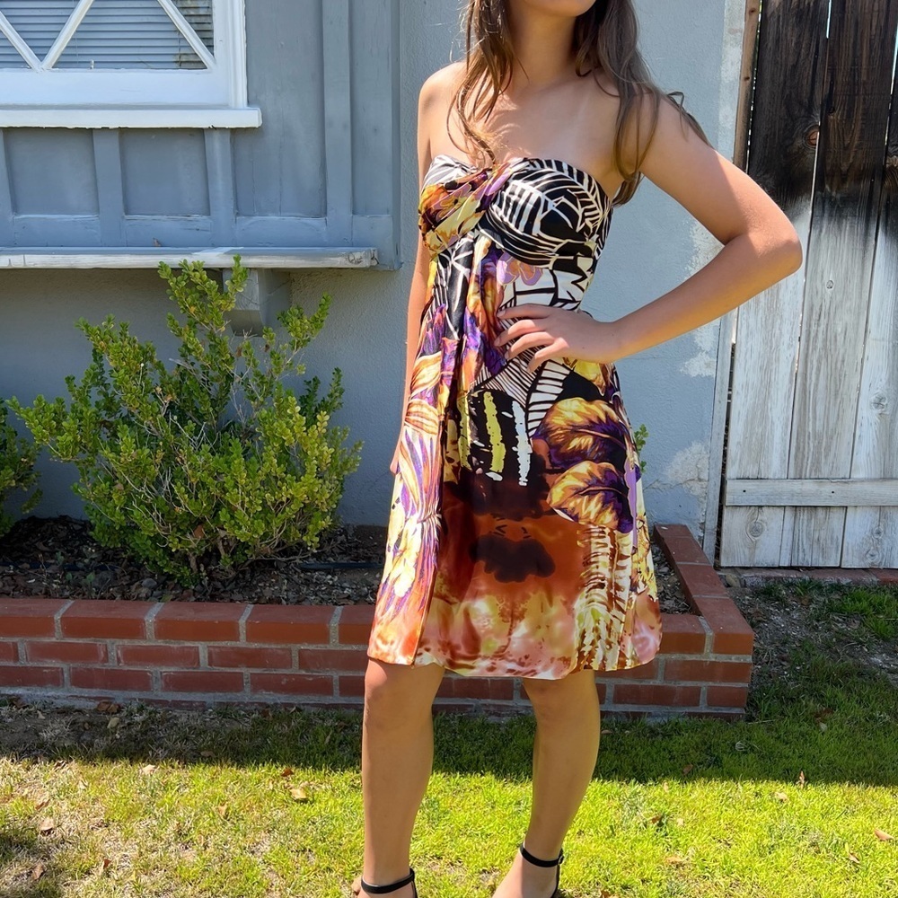 Vintage 90s Cache Silk Strapless Bubble Dress Tropical Floral Resort-wear Sz 2 - Picture 2 of 16
